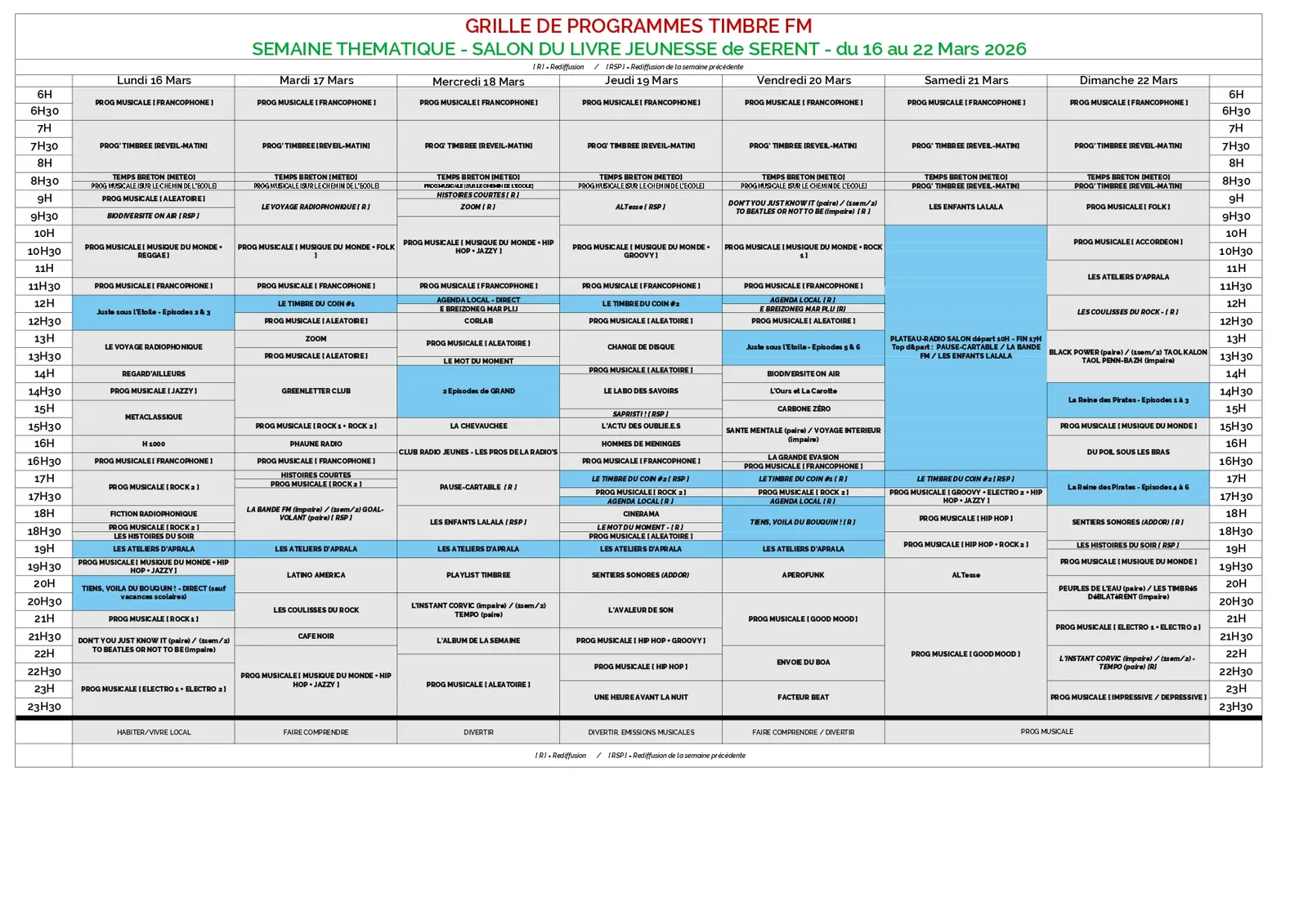 Du 16 au 22/03/2026 => Semaine Thématique "SALON DU LIVRE JEUNESSE de SERENT" sur TIMBRE FM : Grille de programmes spéciale !