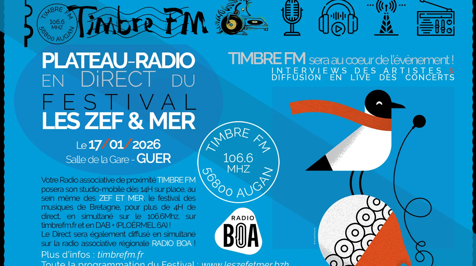 17/01/2026 => [STUDIO-MOBILE] Couverture d'événement TIMBRE FM : FESTIVAL LES ZEF ET MER 2026 ! GUER