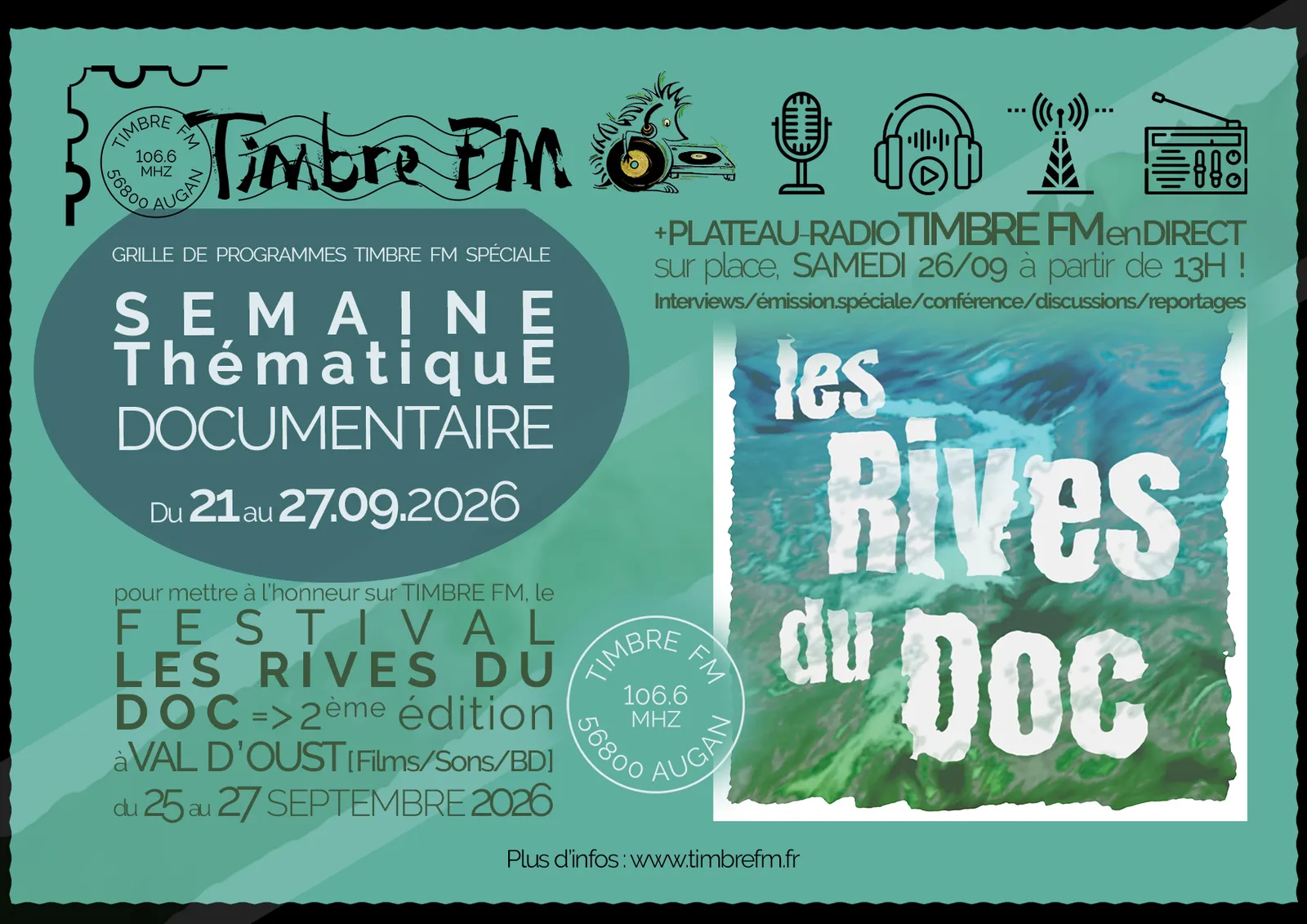 26/09/2026 => PLATEAU-RADIO TIMBRE FM en direct du FESTIVAL LES RIVES DU DOC !