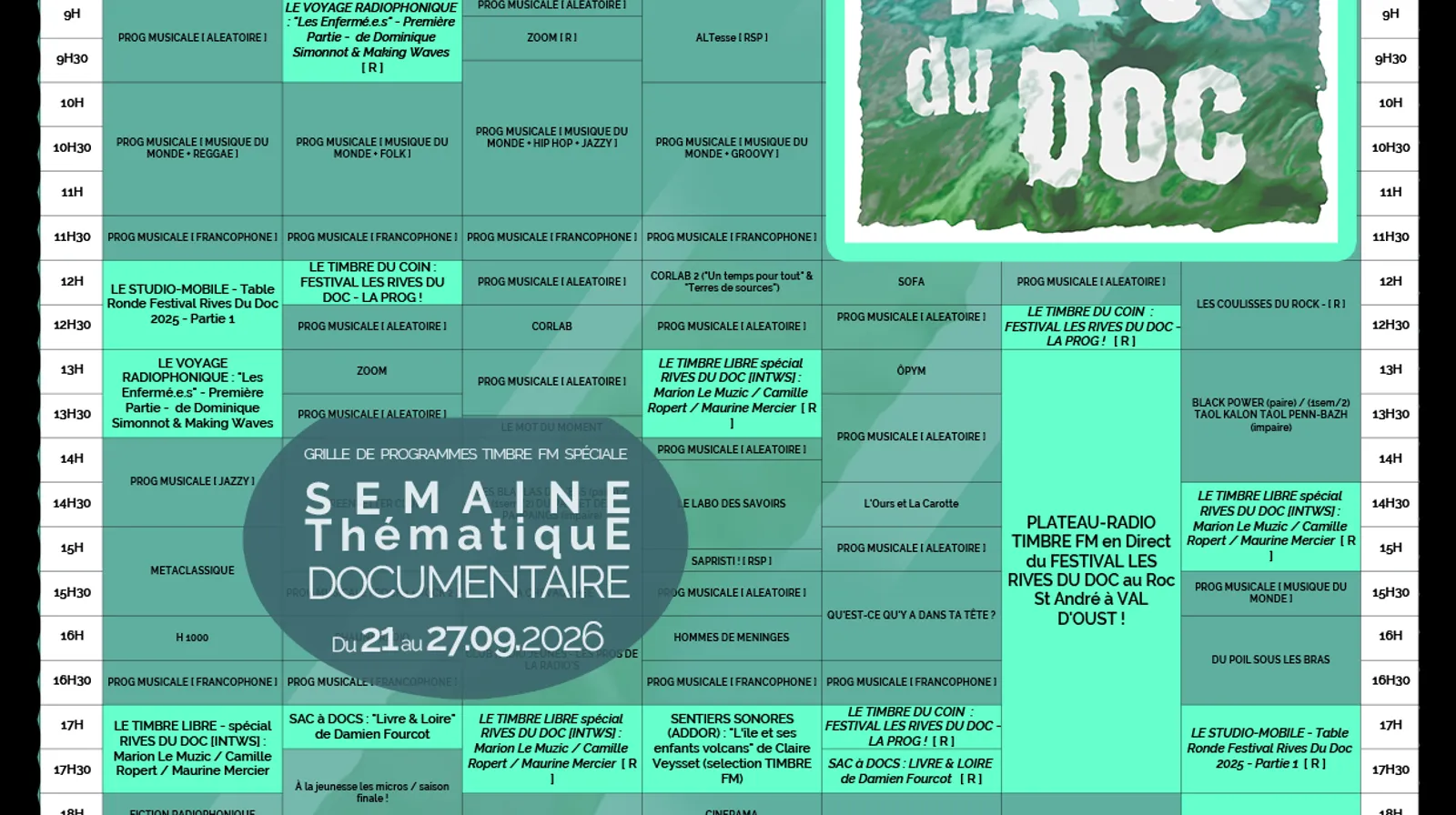 Du 21 au 27/09/2025 => GRILLE DE PROGRAMMES Spéciale - Semaine Thématique "DOCUMENTAIRE" TIMBRE FM <=> FESTIVAL LES RIVES DU DOC !