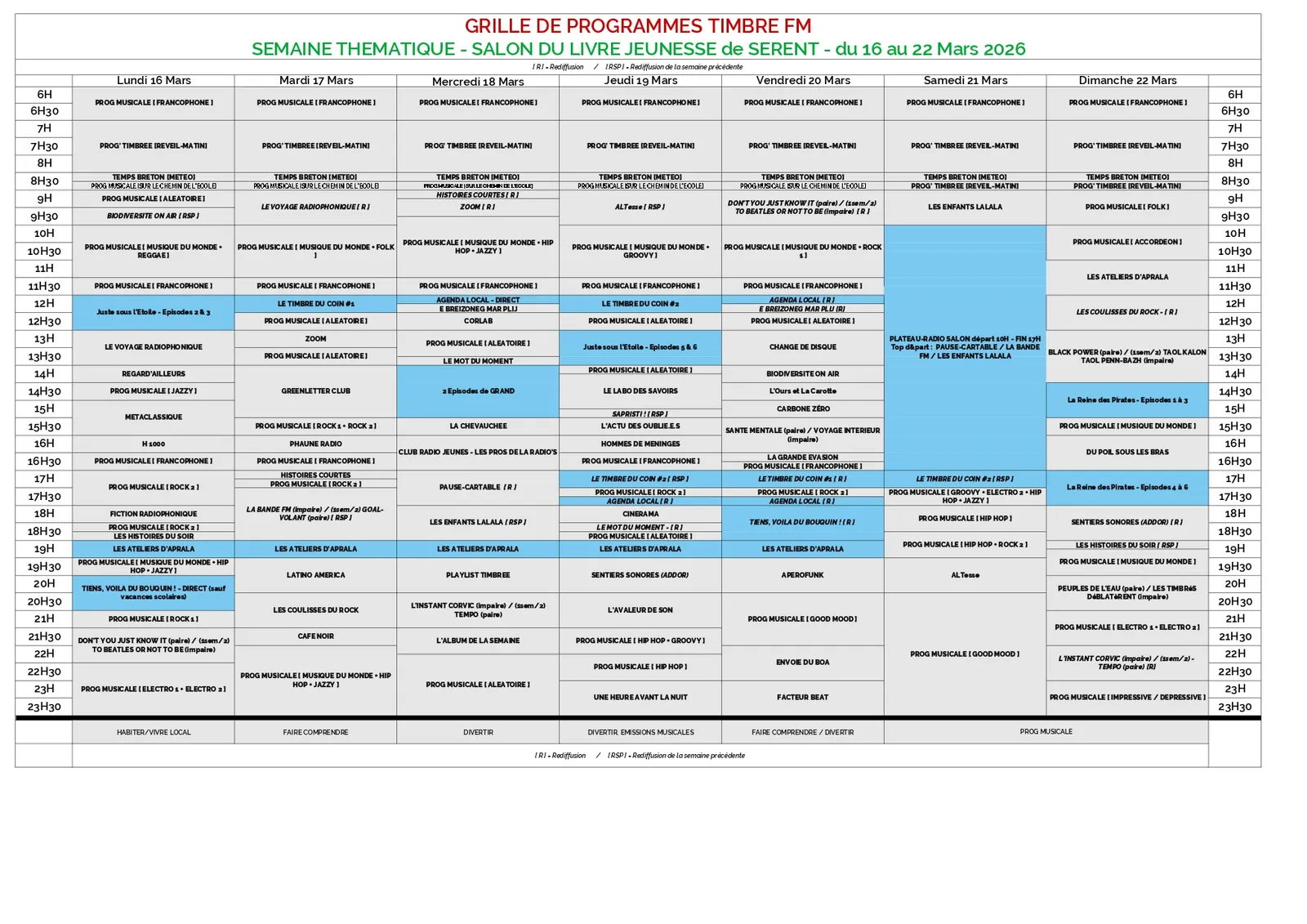 Du 16 au 22/03/2026 => Semaine Thématique "SALON DU LIVRE JEUNESSE de SERENT" sur TIMBRE FM : Grille de programmes spéciale !