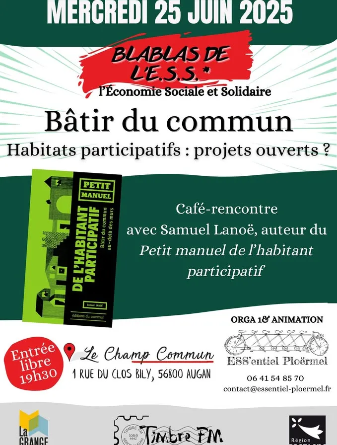 25/06/2025 => [BLABLAS DE L'ESS] : "Habitats Participatifs - Bâtir du Commun : Projets ouverts ?" à 19H30 au Champ Commun à Augan !