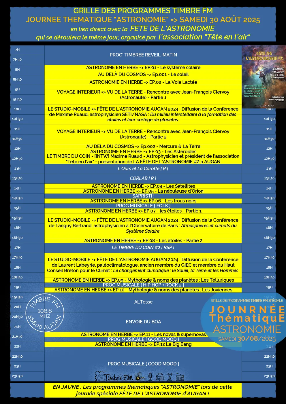 30/08/2025 => GRILLE DE PROGRAMMES Spéciale - JOURNÉE THÉMATIQUE TIMBRE FM : sur TIMBRE FM : "ASTRONOMIE" [en lien direct avec LA FÊTE DE L'ASTRONOMIE #2 d'AUGAN] !