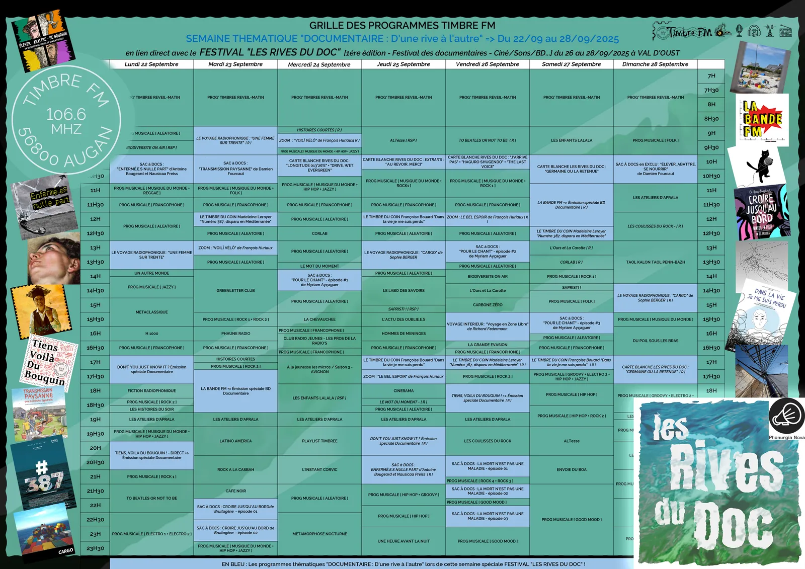 Du 22 au 28/09/2025 => GRILLE DE PROGRAMMES Spéciale - Semaine Thématique "DOCUMENTAIRES - D'une rive à l'autre" sur TIMBRE FM ! <=> FESTIVAL LES RIVES DU DOC !
