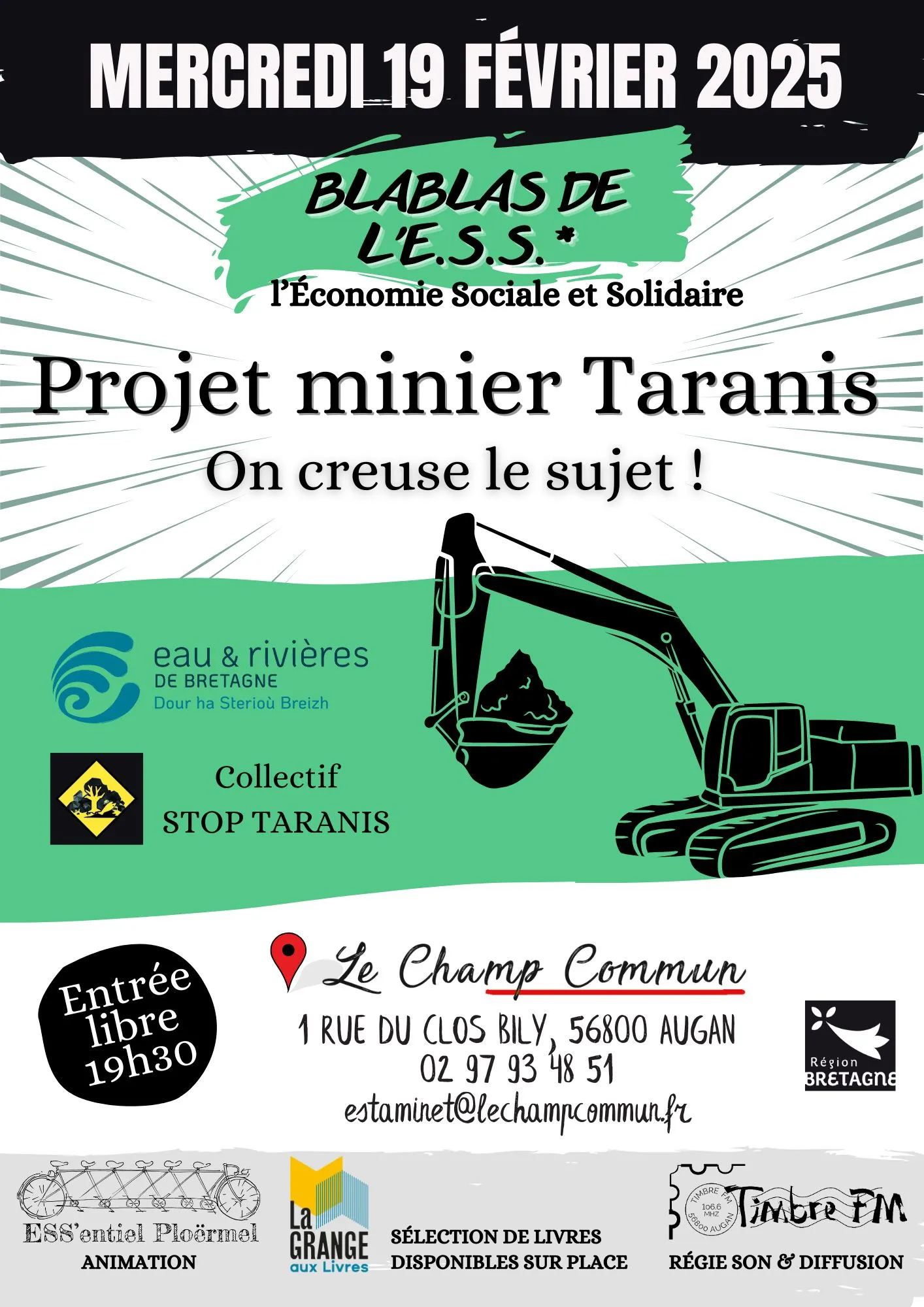 MERCREDI 19 FÉVRIER 2025 - Les BLABLAS de l’ESS « Projet Minier Taranis, on creuse le sujet ! » – 19H30 au Champ Commun à AUGAN